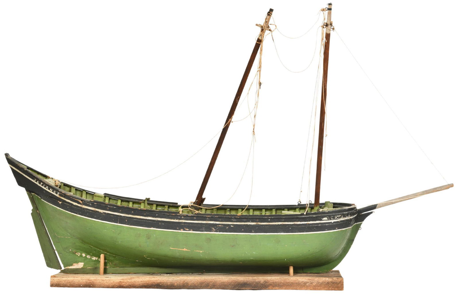 "Defiance" Wooden Ship Model: Has a nice original look, paint appears to be original, shows wear throughout with some damaged pieces, displays well, sank October 20th, 1854 in Lake Huron, 26.5x42", rated 7.5