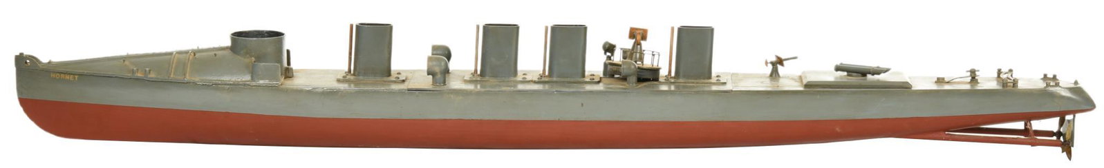 Hornet Model Ship: Wood, shows some wear and paint loss, missing the motor, displays well, missing some pieces, 6.75"x58.5", rated 7.75