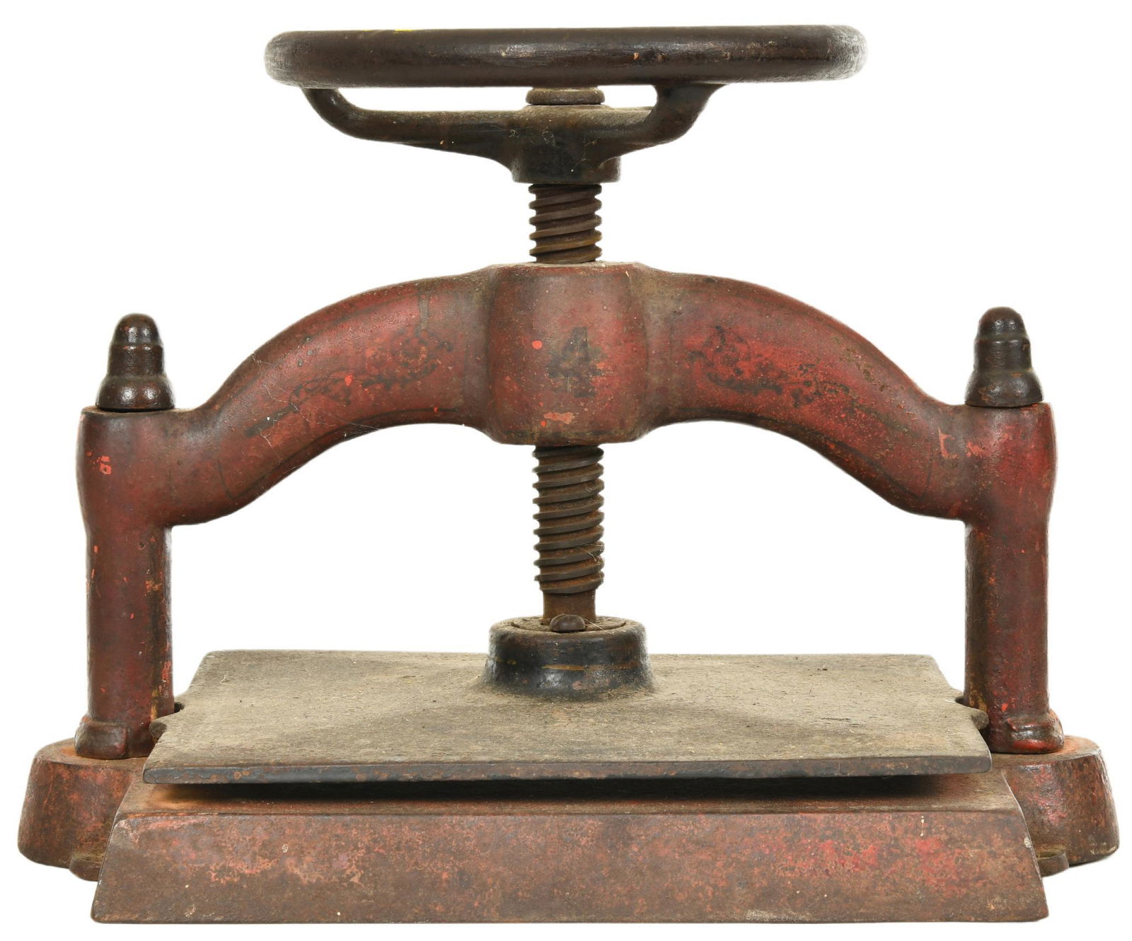 Cast Iron Book Press: Original paint, hows some wear, will clean up, can see the philigree, very heavy, 12.75"x17.5", rated 8