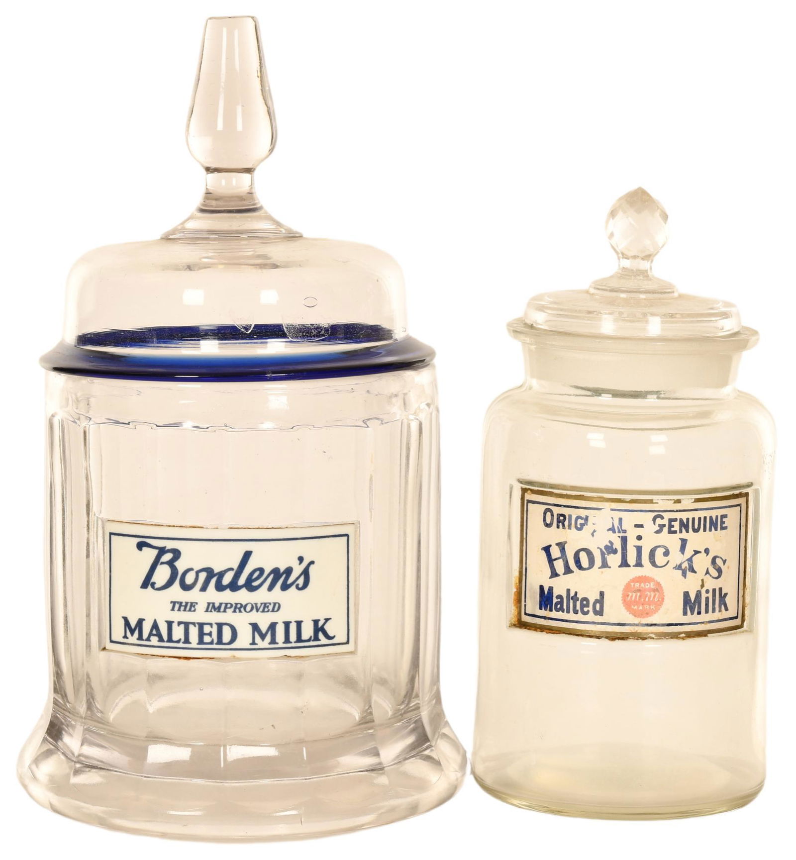 Lot Of 2 Malted Milk Jars: Both jars are in very good condition with no chips, the Borden's looks like an enamel label and the other looks reverse painted with paint loss, they display well, 11.25" tall or less, rated 8.75-8
