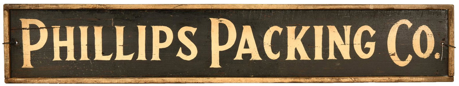 Phillips Packing Co. Horizontal Sign: Single sided wood, has a great look, shows wear, paint loss, and discoloration throughout, has a few nail holes and splits in it, displays well, 13.25"x74", rated 7.5