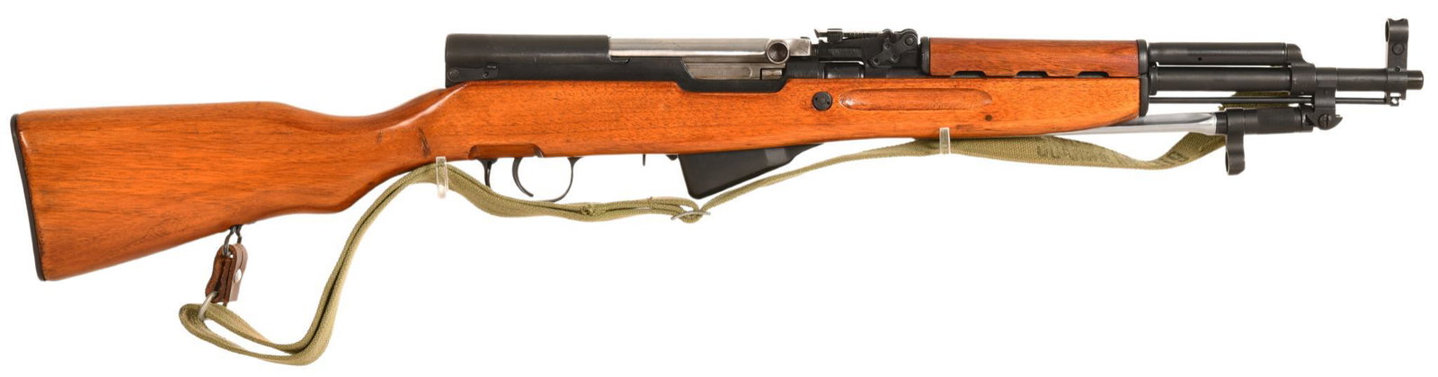 Chinese SKS 7.62x39 Caliber Semi Auto Rifle: Chinese made SKS, bore is in fair to good condition, rifling is very good to excellent, action is smooth and strong, has flip down bayonet, cleaning rod, and original sling, shows some signs of wear f