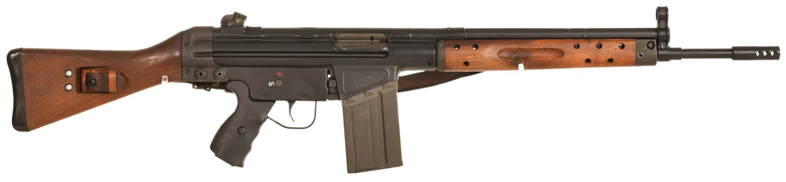 Hesse H91 .308 Caliber Semi Auto Rifle: H&K 91 clone by Hesse in .308, stamped "CETME" on barrel, bore and rifling in fair to good condition, has wood stock and foregrip and what appears to be the original leather sling, comes with 6 magazi