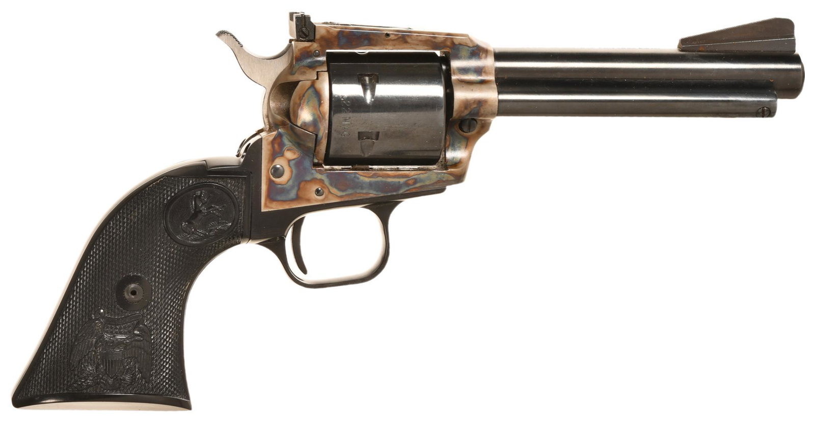 Colt New Frontier .22 Magnum Caliber Single Action Revolver: New Frontier .22 Dual Cylinder model (this only has the .22 Magnum cylinder with it), bore and rifling are excellent, action is smooth, shows few if any signs of wear from handling or shooting, 4.75" 