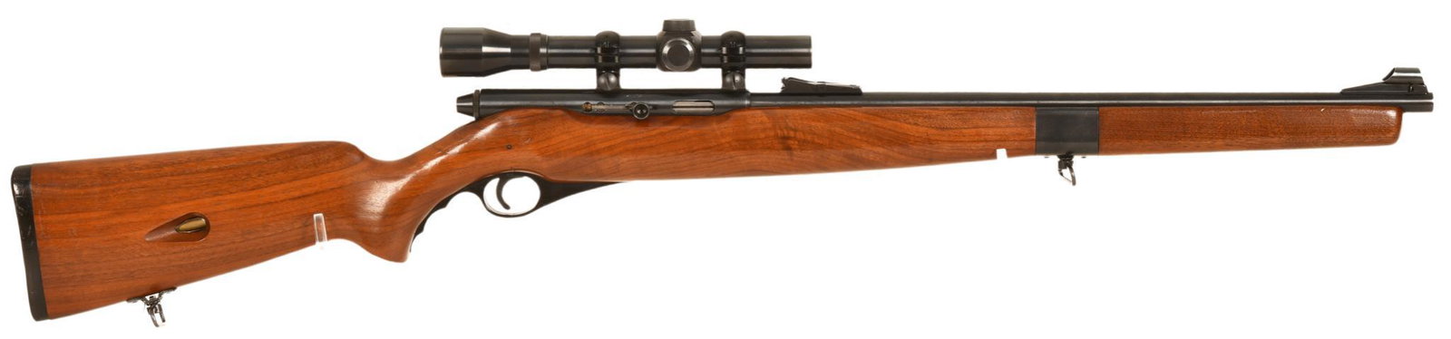 Mossberg 151M-B .22 Caliber Semi Auto Rifle: Mannlicher style stock, bore and rifling in good to fair condition, has Weaver K2.5-1 optic mounted to rifle, shows some signs of wear from handling and shooting, rifle is in good to very good used co