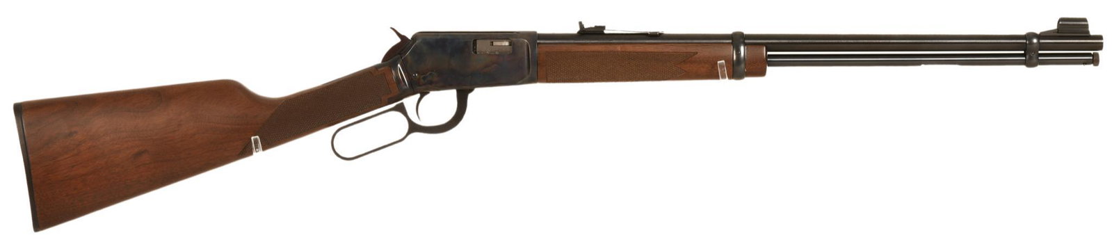 Winchester Model 9422 .22 Calber Lever Action Rifle: Checkered walnut stock, smooth action and crisp trigger, shows some signs of wear from handling and shooting, bore and rifling in fair to good condition, receiver has lost some bluing and exhibits sig