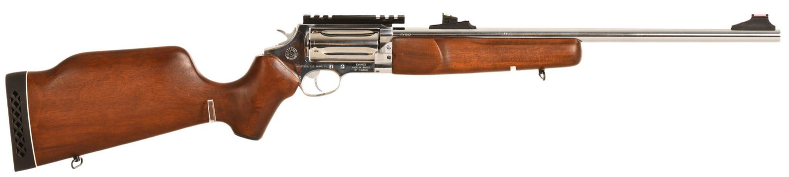 Taurus Circuit Judge .410 Gauge/.45 Long Colt Caliber Revolving Rifle/Shotgun: Carbine version of the Taurus Judge, stainless steel, chambered for .45 Long Colt and .410 shotgun shells, bore and rifling are in excellent condition, shows very few if any signs of wear from handlin