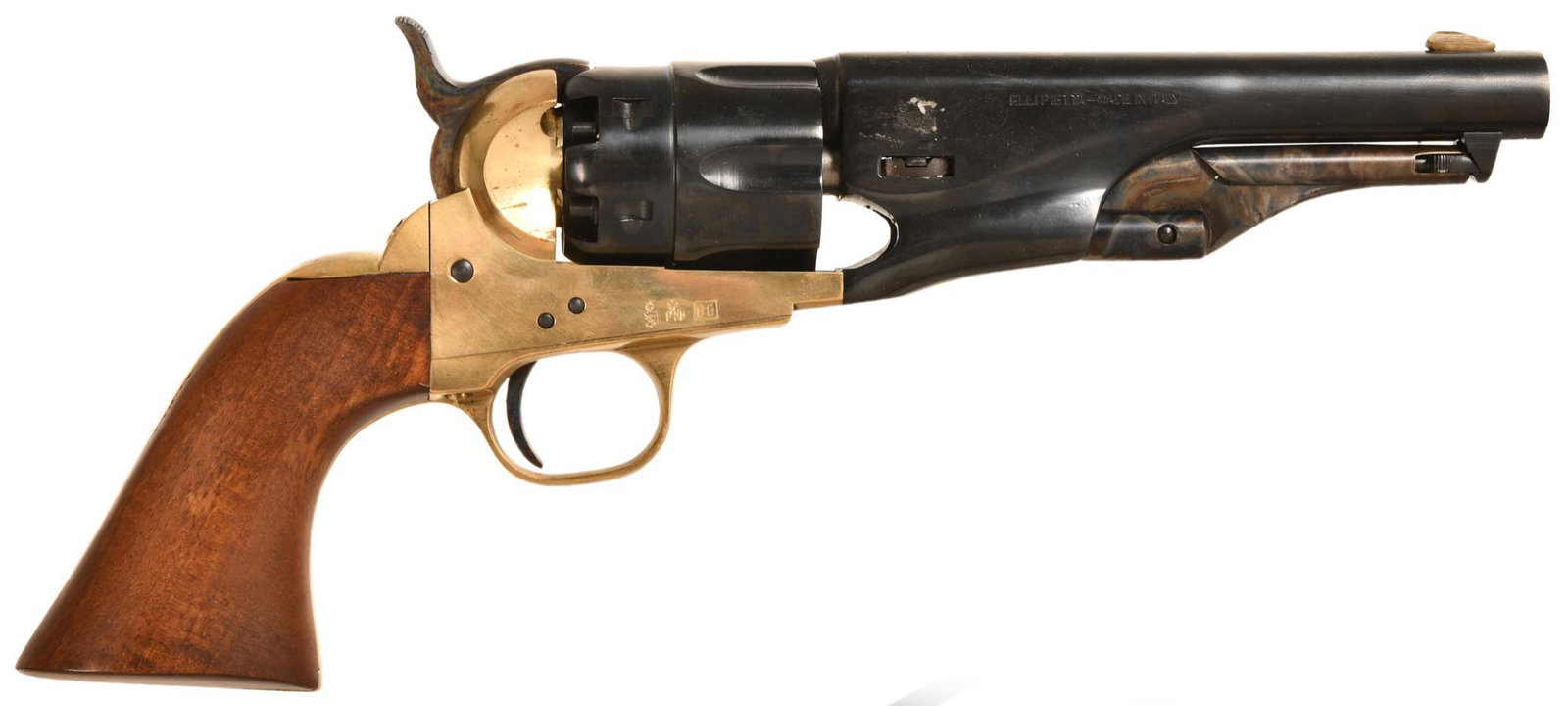 F. LLI Pietta 1862 Police .44 Caliber Black Powder Revolver: Police model 1862 cap and ball revolver with 5.5" barrel in .44 caliber, action is smooth, bore and rifling are in excellent condition, small areas of finish loss on right side of barrel and frame lik