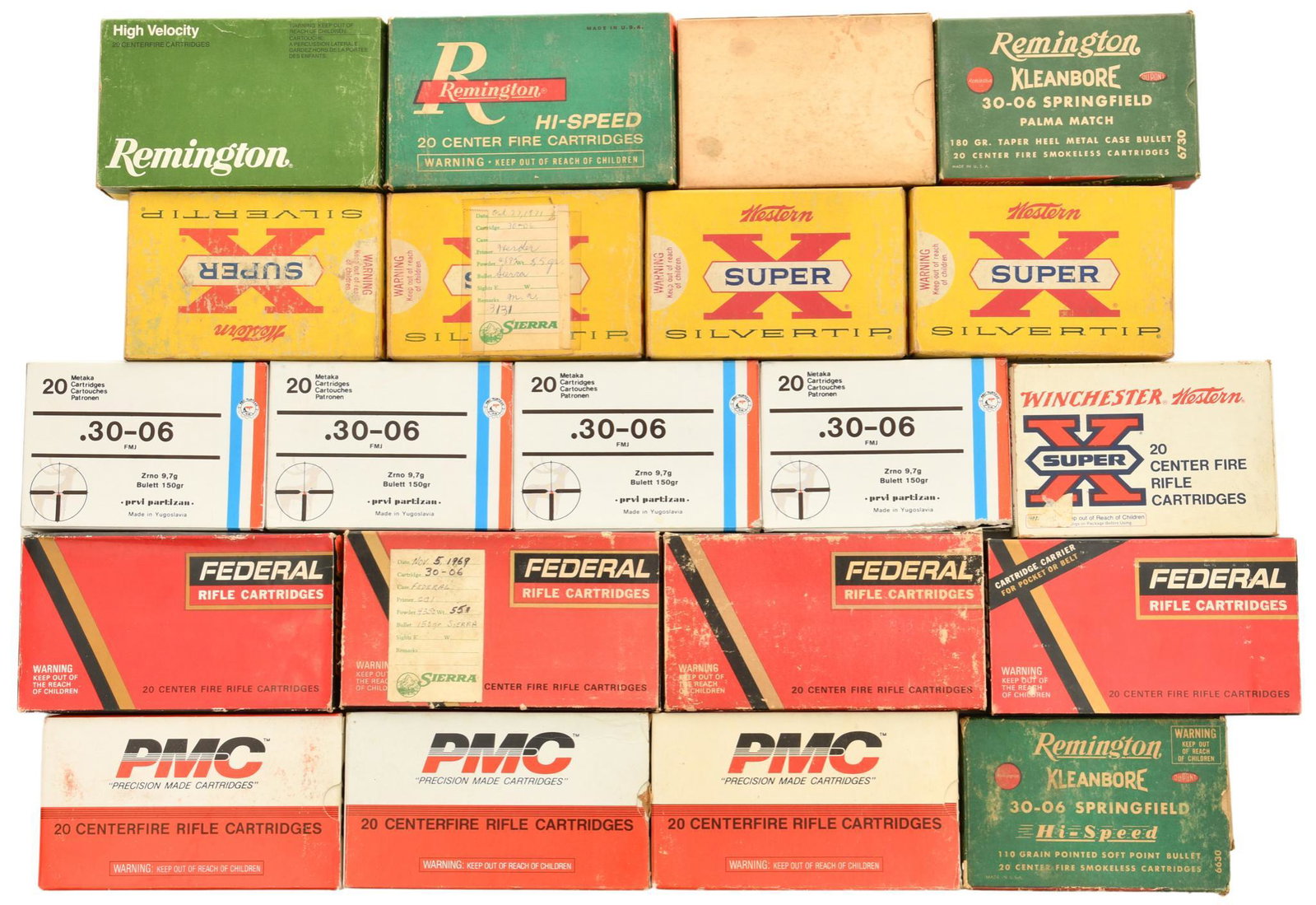 Lot of 21 boxes of 30-06 Cartridges: 20 rounds per box, 420 rounds total, various conditions, Winchester, Remington, PMC, Federal