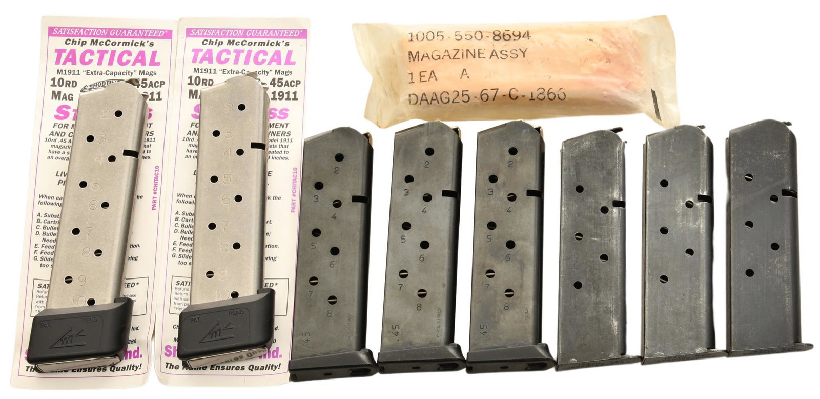 Lot of 9 1911 .45 ACP Magazines: 9 1911 mags, 2 10 round mags, the rest are 7-8 rounds, various brands and conditions