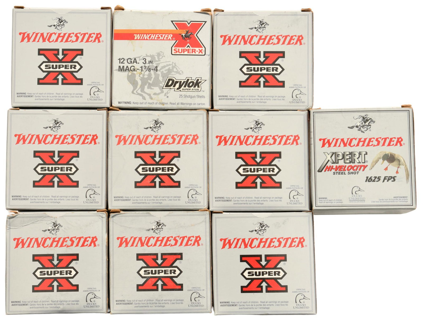 Lot of 10 Boxes of 12 Gauge Shotgun Shells: 25 shells per box (one or two boxes missing 2-4 shells), approximately 230 shells total, Winchester, various shell lengths, types, and conditions