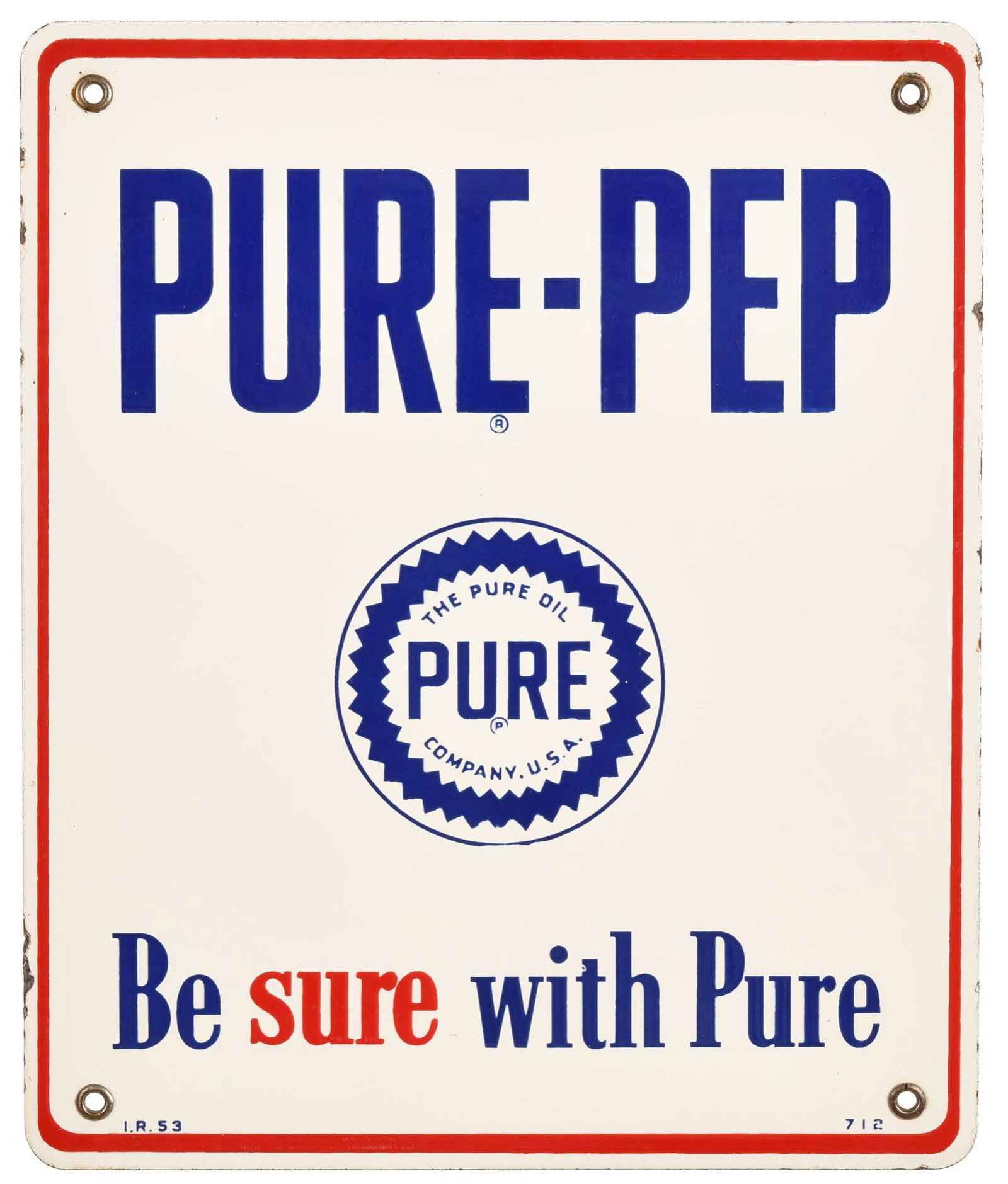 Pure-Pep Pump Plate: SSP, has very good color and gloss, shows light wear with some minor chipping along perimeter, displays very well, 12"x10", rated 9+
