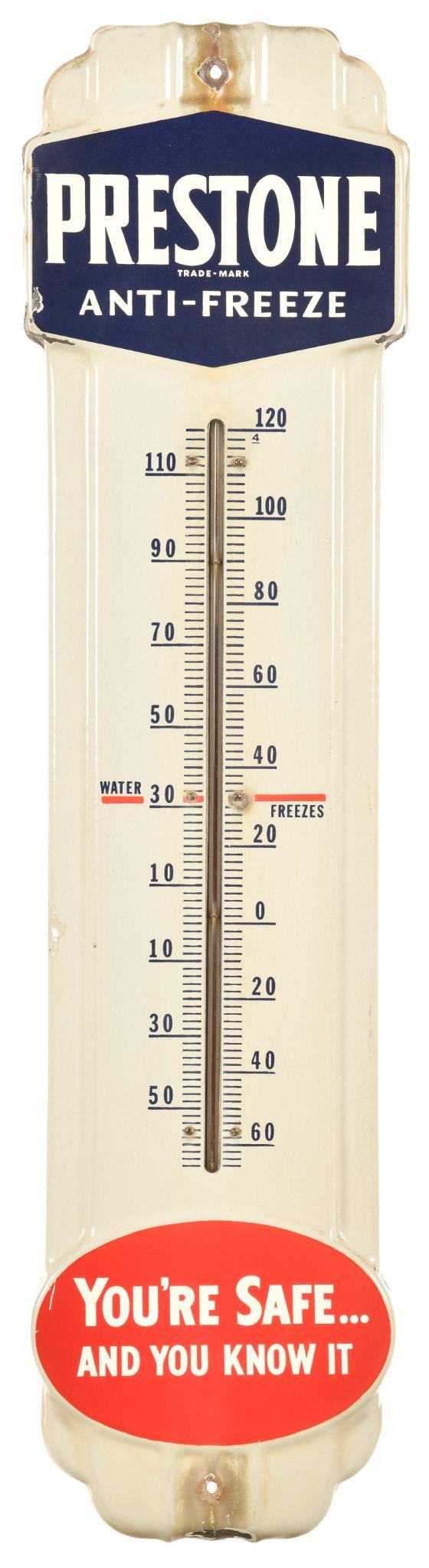 Prestone Anti Freeze Thermometer: SSP, has good color and gloss, shows some wear, discoloration, and chipping, tube is good and appears to be accurate, 36.25"x9.25", rated 8.5