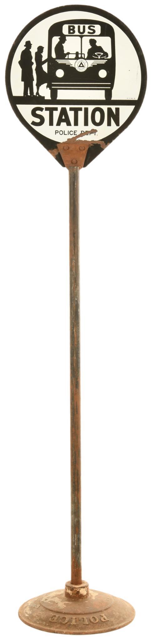 Police Department Bus Station Sign: DSP, has good color and gloss, shows some wear, with some chipping and a bend at the bottom, the pole and bracket were fabricated on an original cast iron police base, 70"x16", sign rated 7.75
