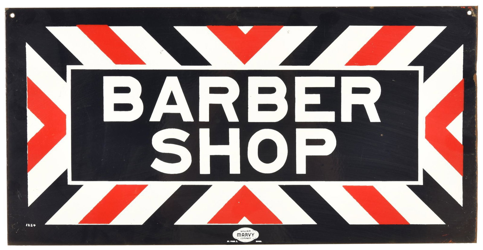 Marvy Barber Shop Flange Sign: DSP, has good color and gloss, shows some wear and scratching, flange has been cut off but they did a good job with a very clean cut, 12"x23.75", rated 7.5