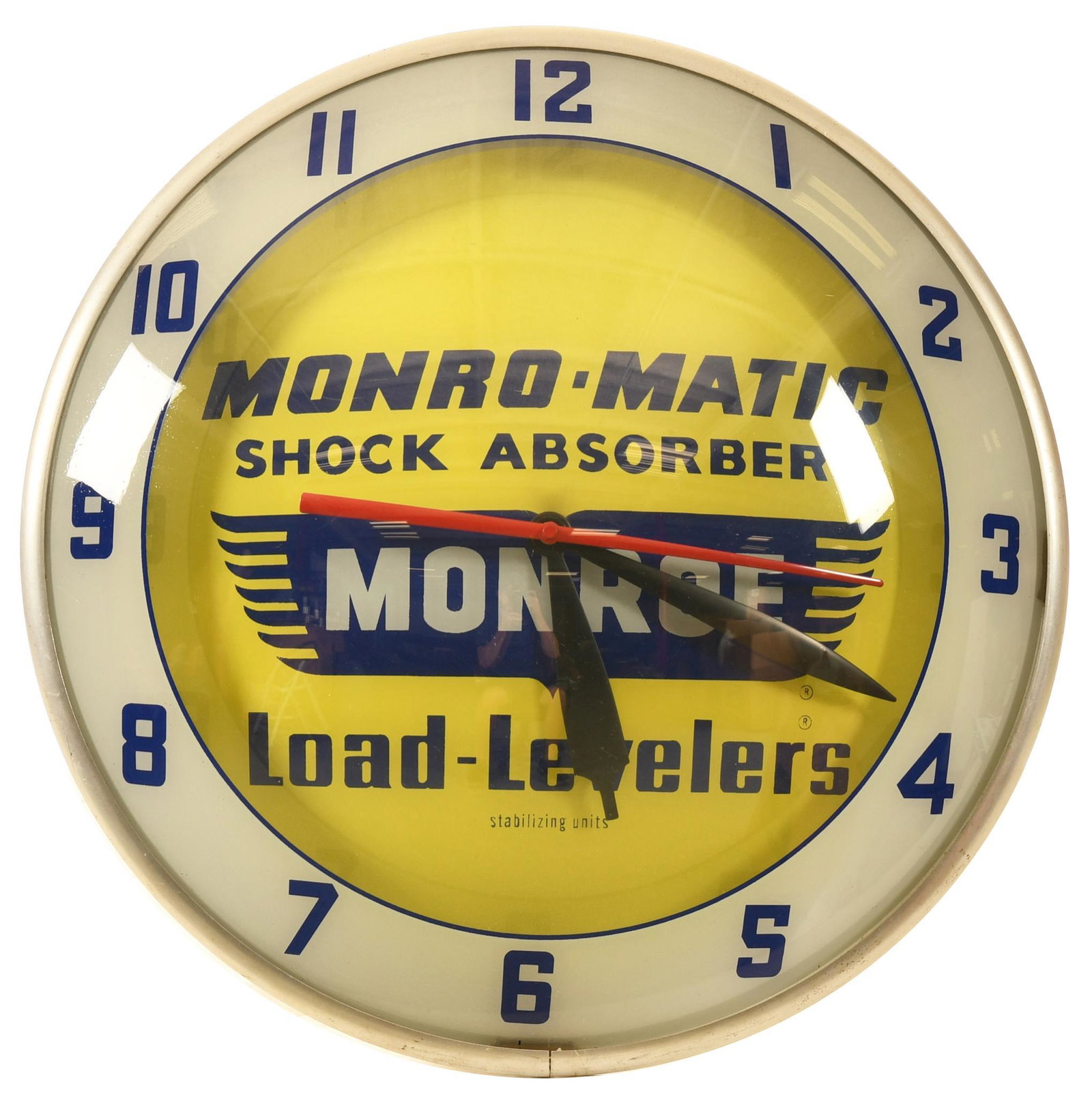 Monroe Shocks Double Bubble Clock: Lights up and appears to keep time, shows some light wear and minor paint loss, nice original case, 15", rated 8.75