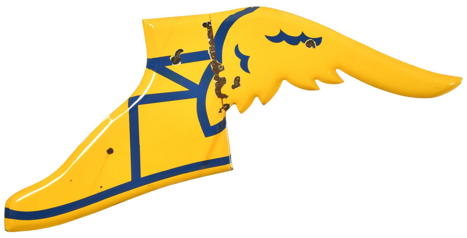 Goodyear Winged Foot Large: SSP, has good color and gloss, shows wear, discoloration, and chipping, 26"x76", rated 8+