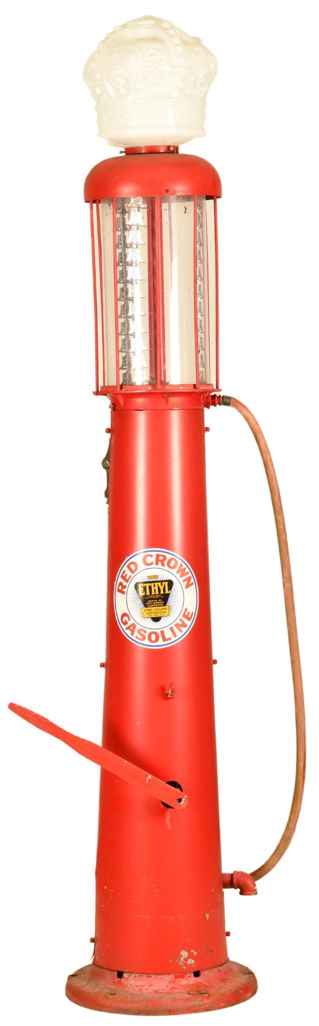 Wayne 615 Visible Gas Pump: Older repaint, reproduction crown globe that has some damage/repairs, acrylic cylinder, shows some wear and paint loss throughout, displays well, custom made handle, 117" tall, rated 7.75 repainted