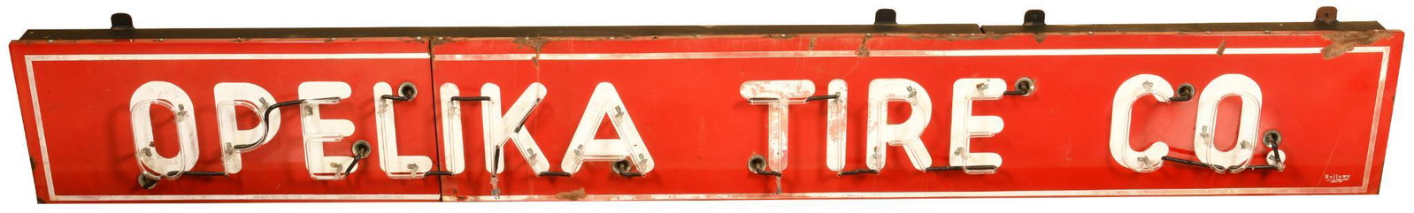 Opelika Tire Company Neon Sign: SSPN, has above average to fair color and gloss, shows some wear, discoloration, and chipping throughout, working condition, marked Bellows Electric Sign Co., 18"x131.5", rated 7.5+
