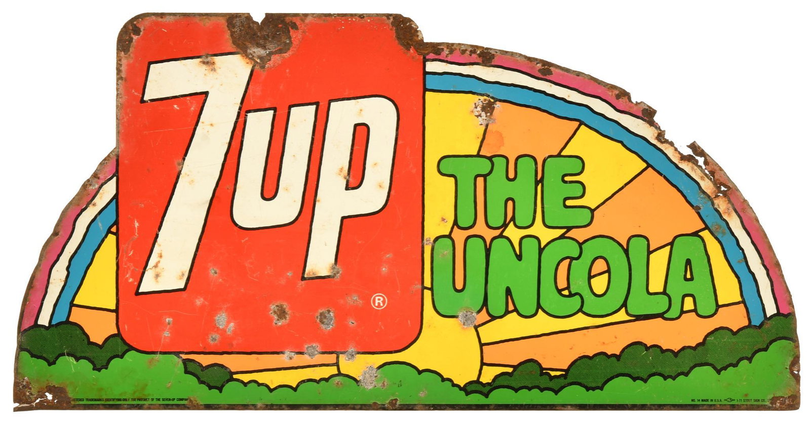 7 Up The Uncola Sign: SST, good color and gloss, shows wear, paint loss, and metal damage, 12"x24", marked Stout Sign Co., rated 7.75