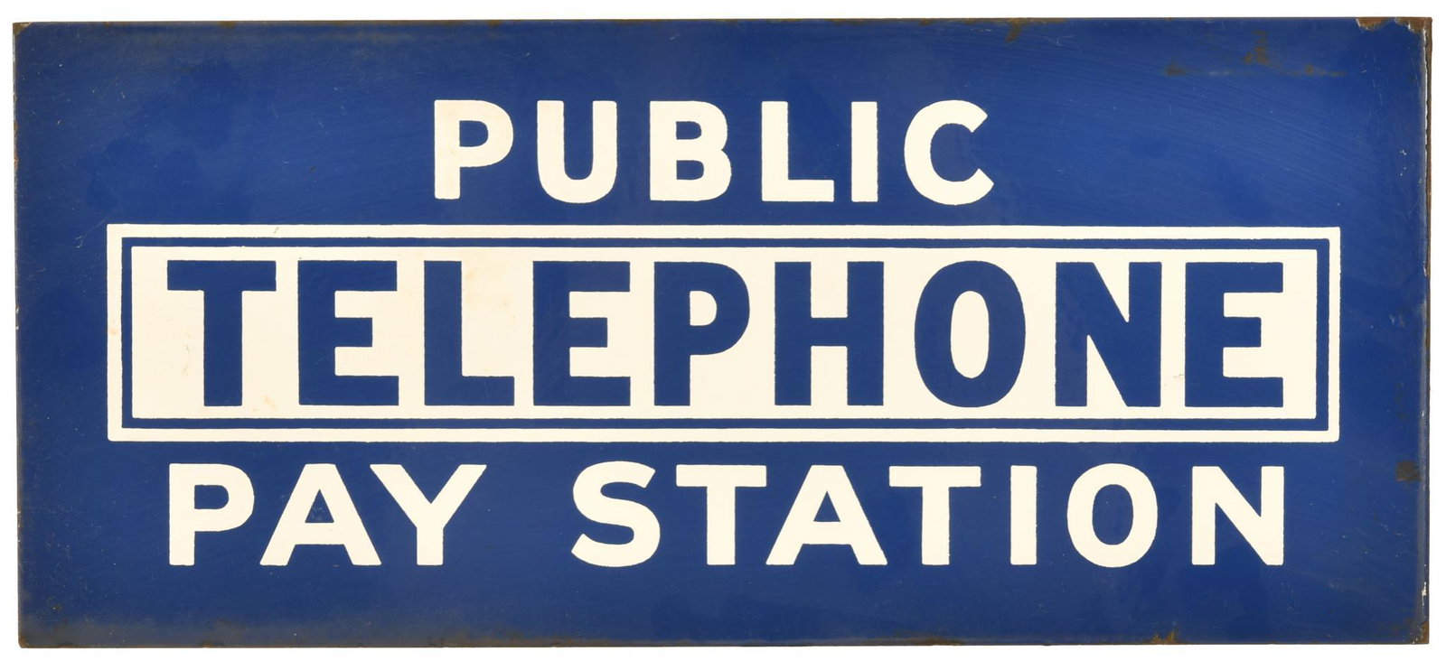 Public Telephone Pay Station Flange Sign: DSPF, has good color and gloss, shows light wear, chipping, and metal damage on the flange, 8"x18", rated 8