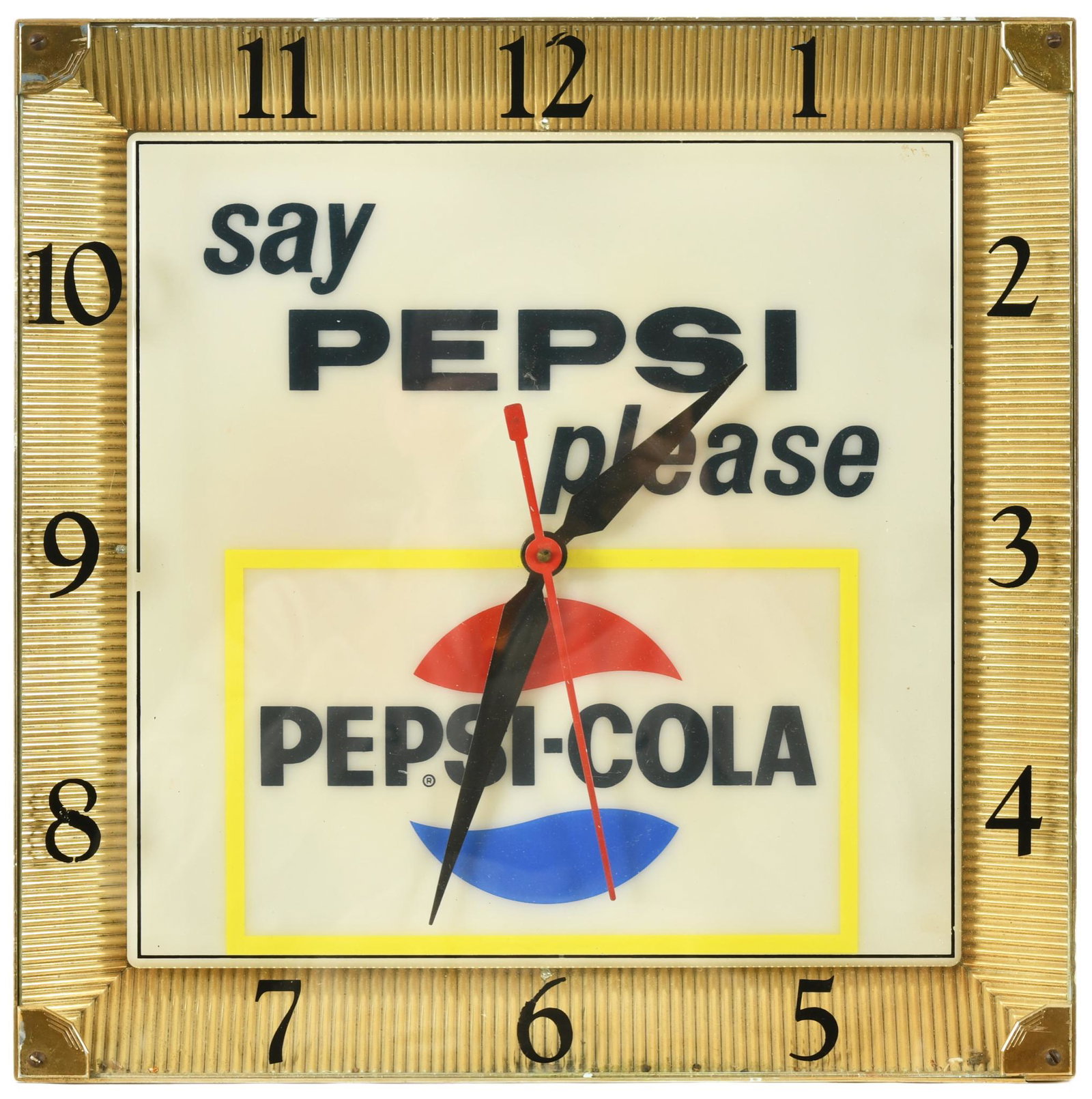 Say Pepsi Please Lighted Clock: Lights up and appears to keep time, shows some wear throughout, displays well, 15.75"x15.75", rated 8.25