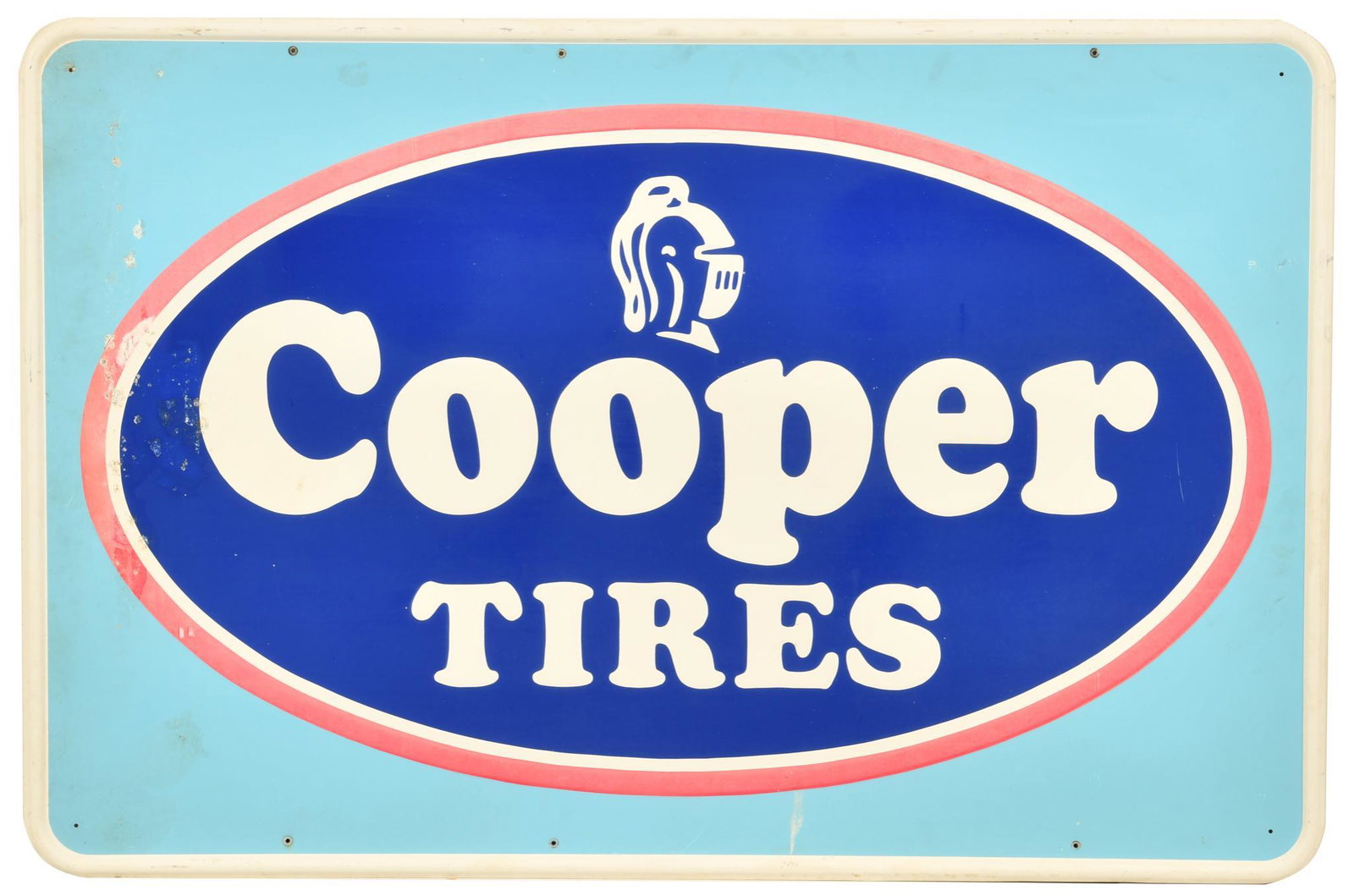 Cooper Tires Sign: SSTE, has average color, shows some wear and paint loss, has a couple extra added holes, 29.5"x44.5", rated 8