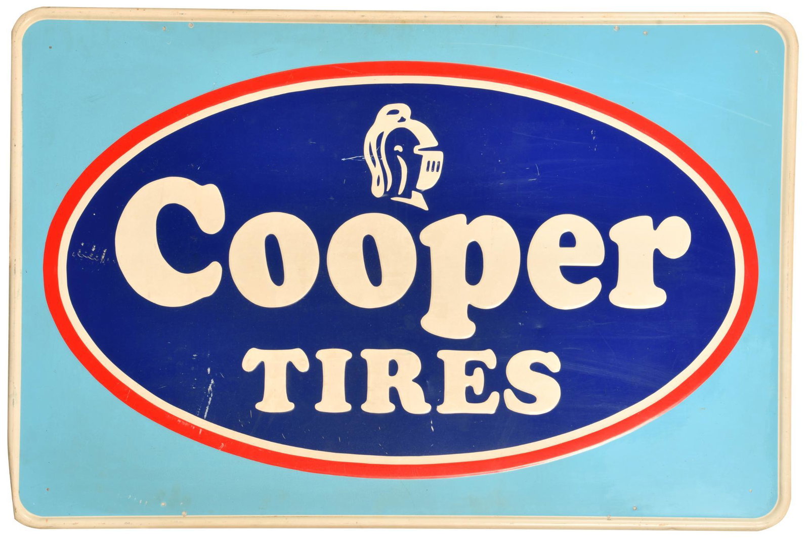 Cooper Tires Sign: SSTE, has above average color and gloss, shows light wear, minor paint loss, slight bends/dents, 29.5"x44.5", rated 8.25