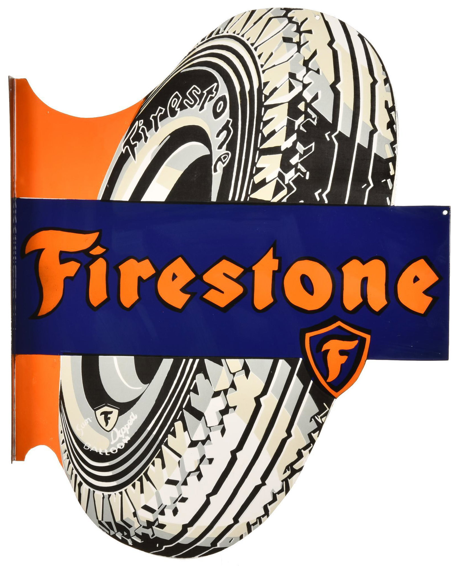 Firestone Die Cut Flange Reproduction Sign: DSPF, has good color and gloss, shows light wear throughout, displays well, 35.5"x27.5", rated 9.5 & 9.25+