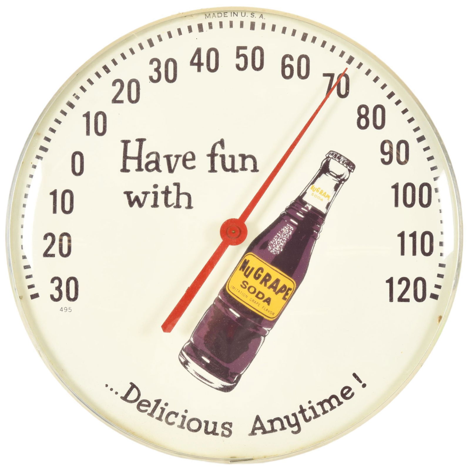 Nu Grape Soda Bubble Thermometer: Appears to be accurate, shows light wear throughout, displays well, 12.25", rated 9.25