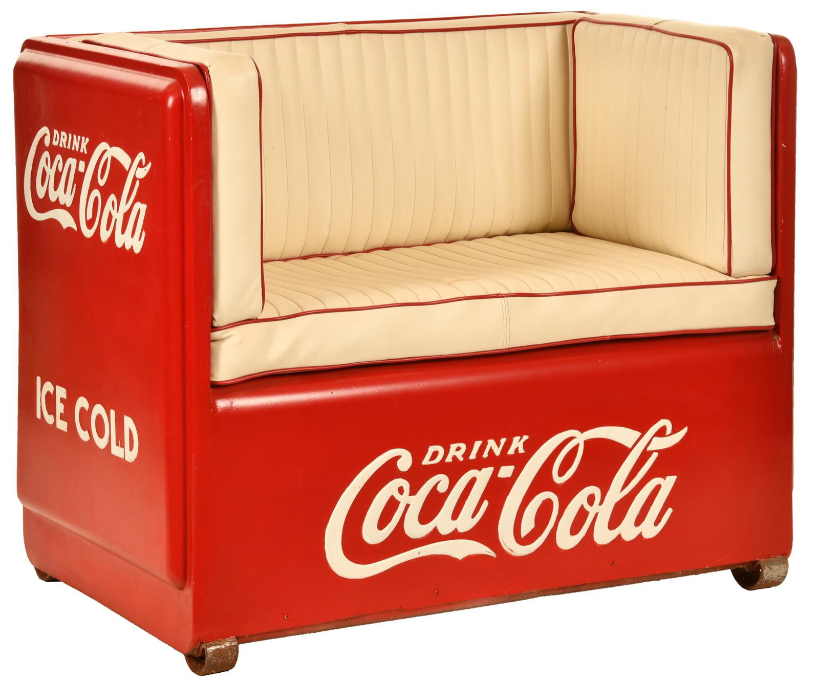 Coca Cola Cooler Love Seat: Cooler has been repainted, custom cushions, displays well, has a great look, 33.5"x41.5", rated 7.75 repainted