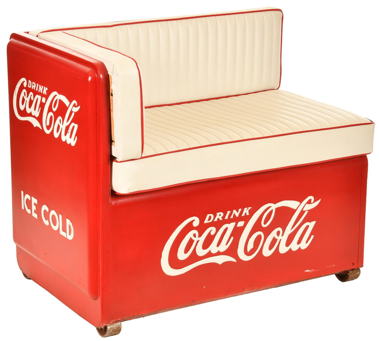 Coca Cola Cooler Bench: Cooler has been repainted, custom cushions were made for it, shows wear and paint loss, has a great look, 34"x41", rated 7.75 repainted