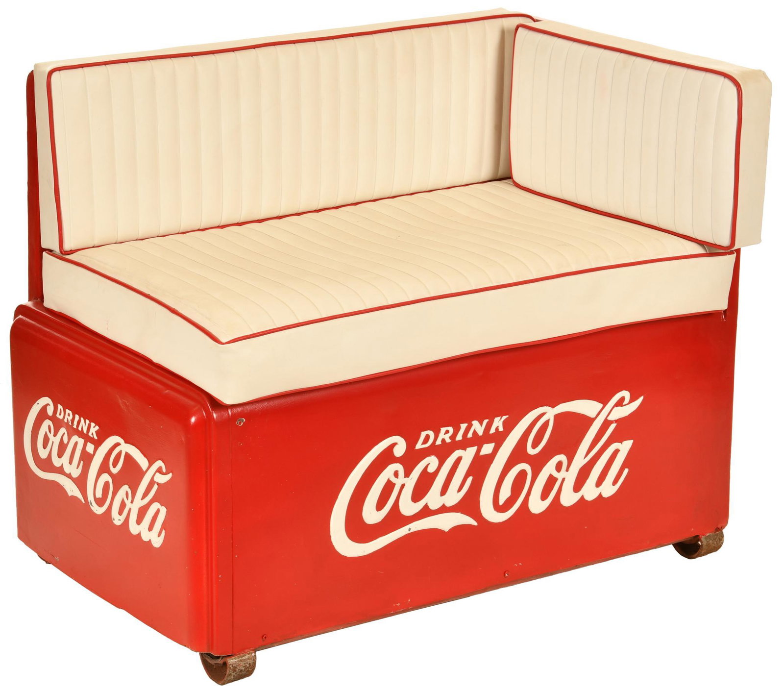 Coca Cola Cooler Bench: Cooler has been repainted, custom cushions were made for it, shows wear and paint loss, has a great look, 34"x41", rated 7.75 repainted