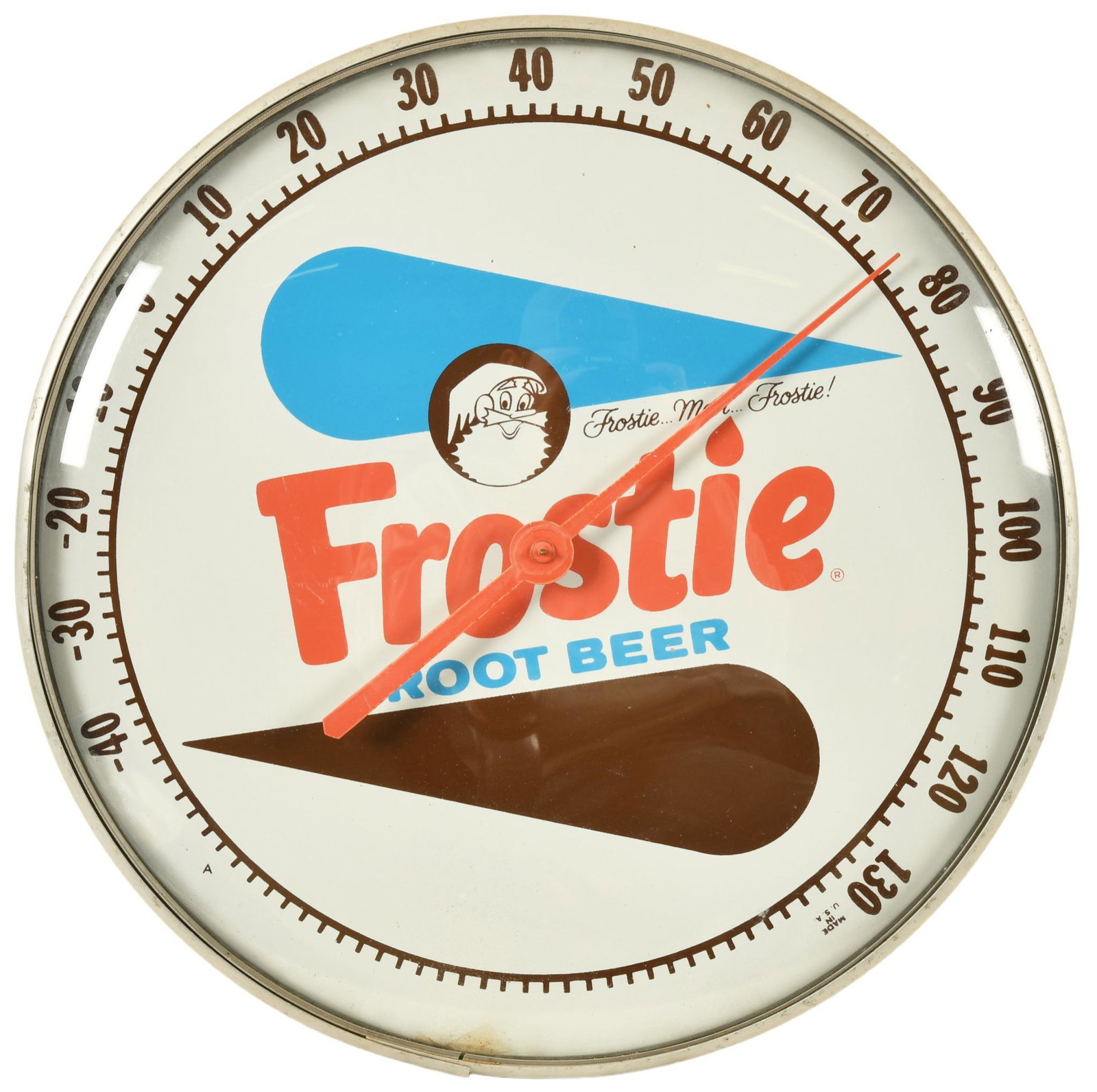 Frostie Root Beer Bubble Thermometer: Appears to be accurate, shows light wear throughout, displays well, 12.25", rated 9+