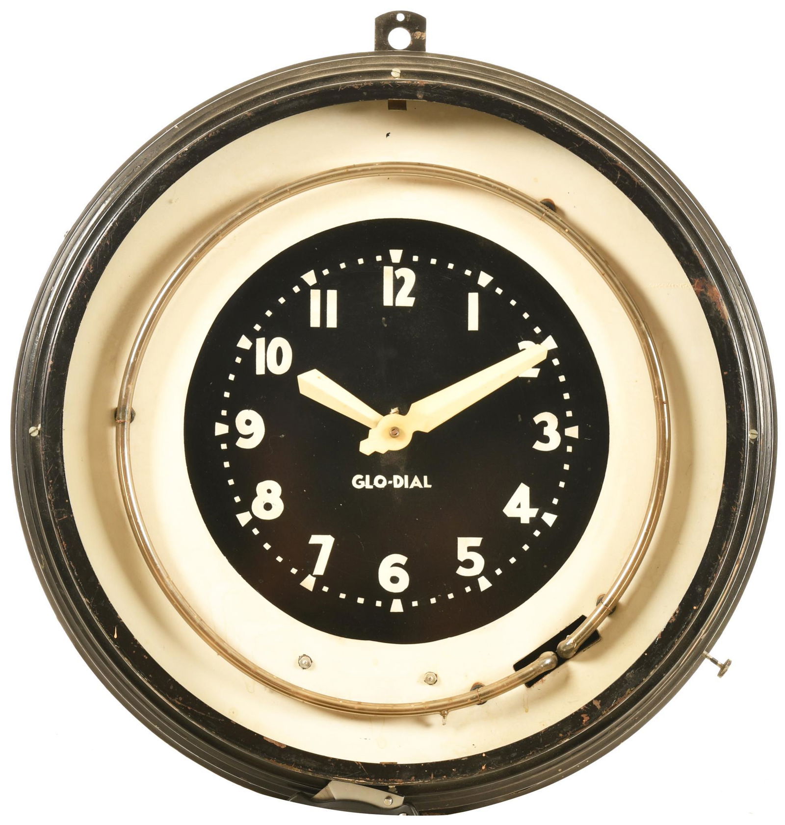 Glo-Dial Neon Clock: Lights up and keeps time, shows wear and paint loss throughout, missing front glass, case has been repainted, 23.25", rated 7.5 repainted