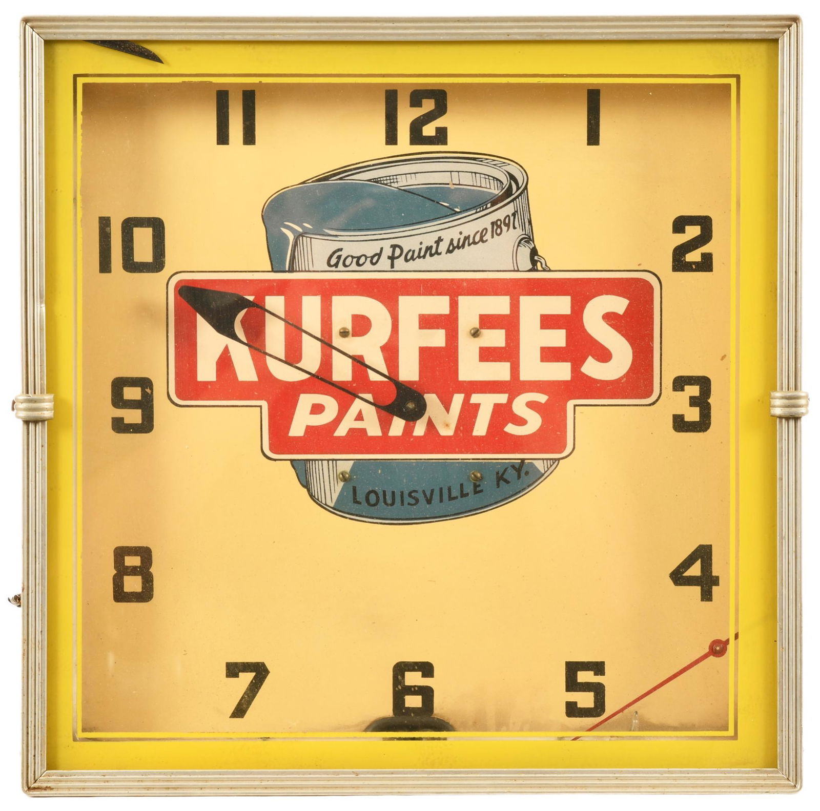 Kurfees Paint Neon Clock: Lights up but does not keep time, second hand is in the bottom, shows wear and paint loss throughout, missing the back cover, cord is bad, 15.25"x15.25", rated 7.75