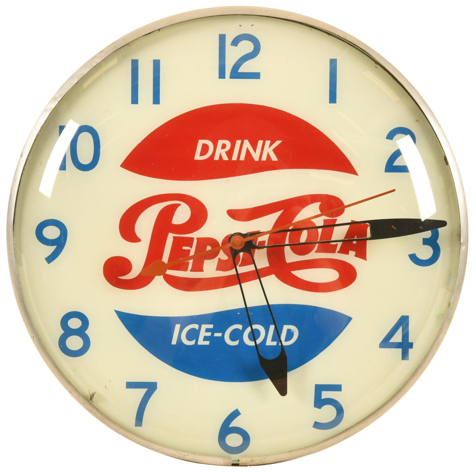Drink Pepsi Lighted Clock: Lights up and appears to keep time, face appears to be new, case has been repainted, 15", rated 8 collectively