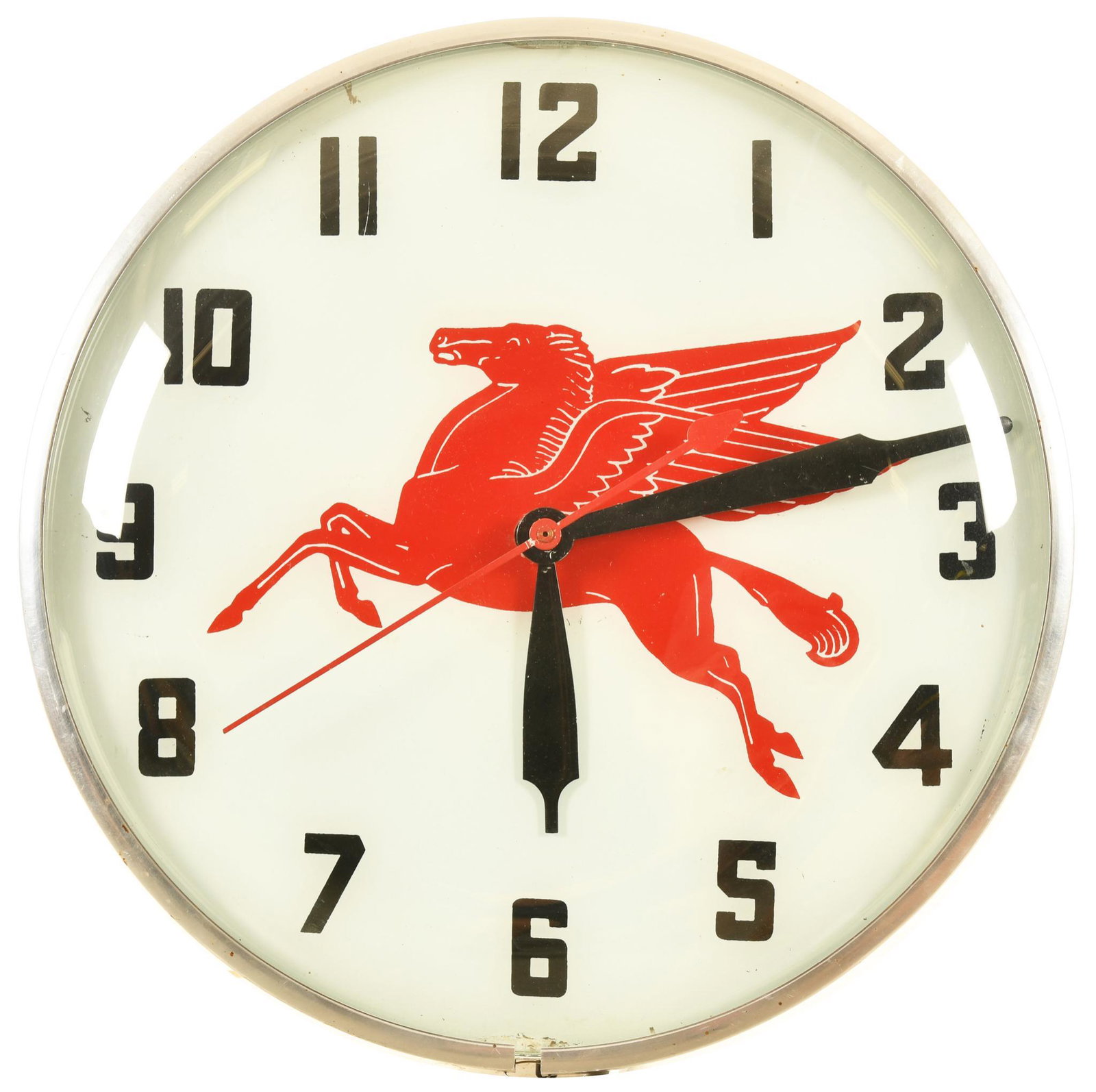 Mobil Pegasus Lighted Clock: Age unknown, lights up but needs a new bulb, appears to keep time, shows wear and paint loss throughout, clock mech is loose, case looks like its been repainted, second hand spins but does not keep ti