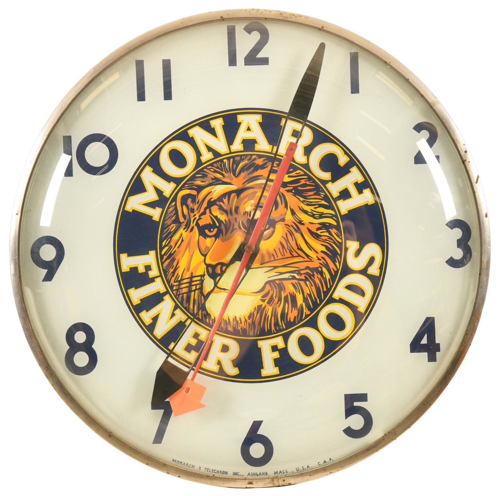 Monarch Finer Foods Telechron Lighted Clock: Lights up but does not keep time, shows wear throughout, 15", rated 8.25 collectively