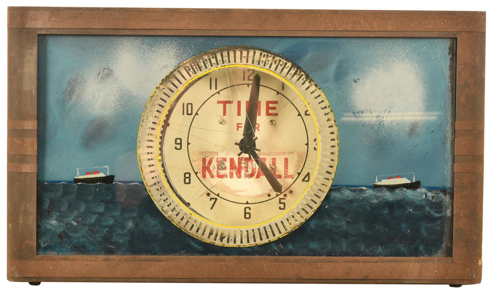 Kendall Neon Spinner Clock: Face is off centered and it looks like Kendall was added, lights up and appears to keep time, front panel is reverse painted glass, shows wear and paint loss throughout, 16"x27", missing cover for the