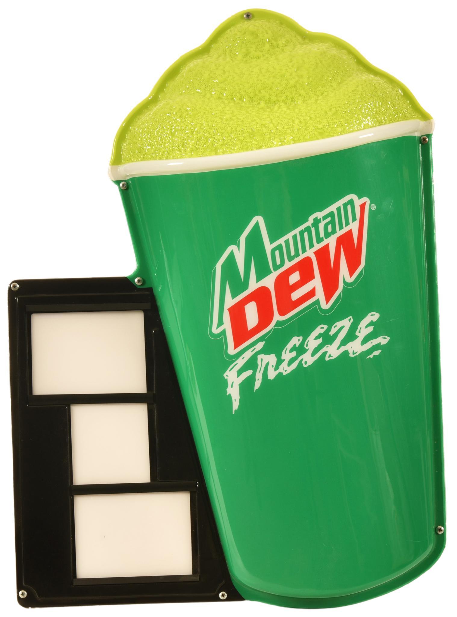 Mountain Dew Freeze Lighted Sign: Lights up, shows light wear and minor paint loss, plastic, 28"x19.5", rated 8.75