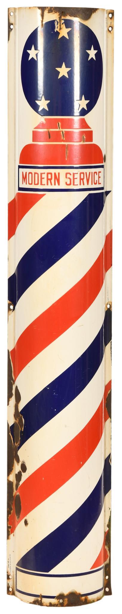 Modern Service Barber Pole Sign: SSP, curved, has above average to average color and gloss, shows wear, discoloration, and chipping, marked Bob White Sign Co., 48"x8.75", rated 7.75