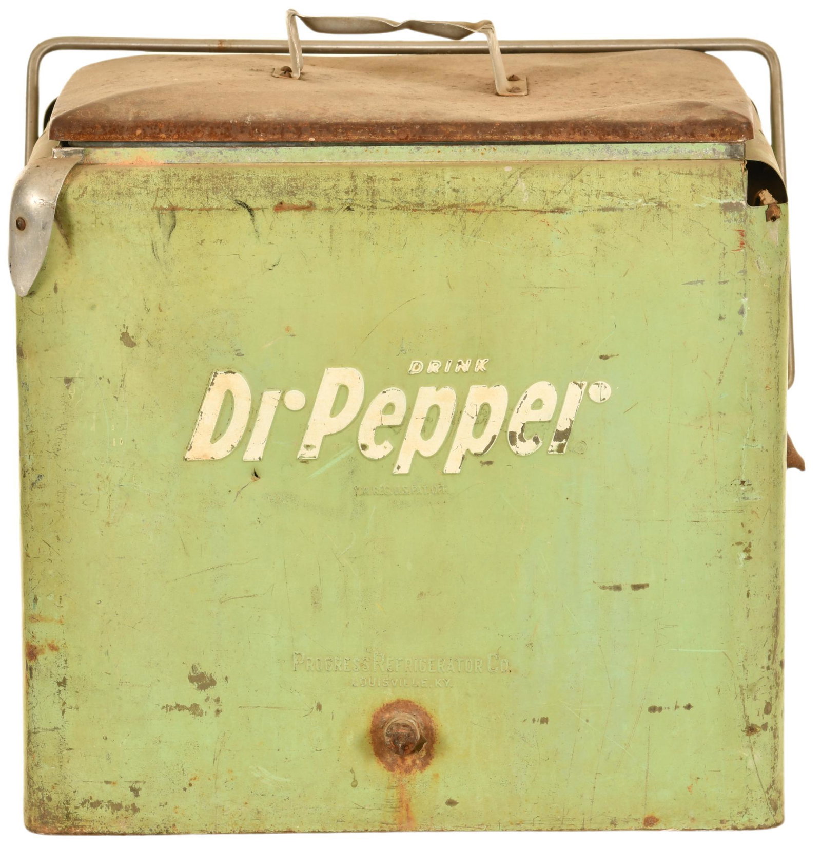 Dr. Pepper Picnic Cooler: Has average color, shows wear, paint loss, and some dents, missing a corner piece, 14"x18", rated 7.5