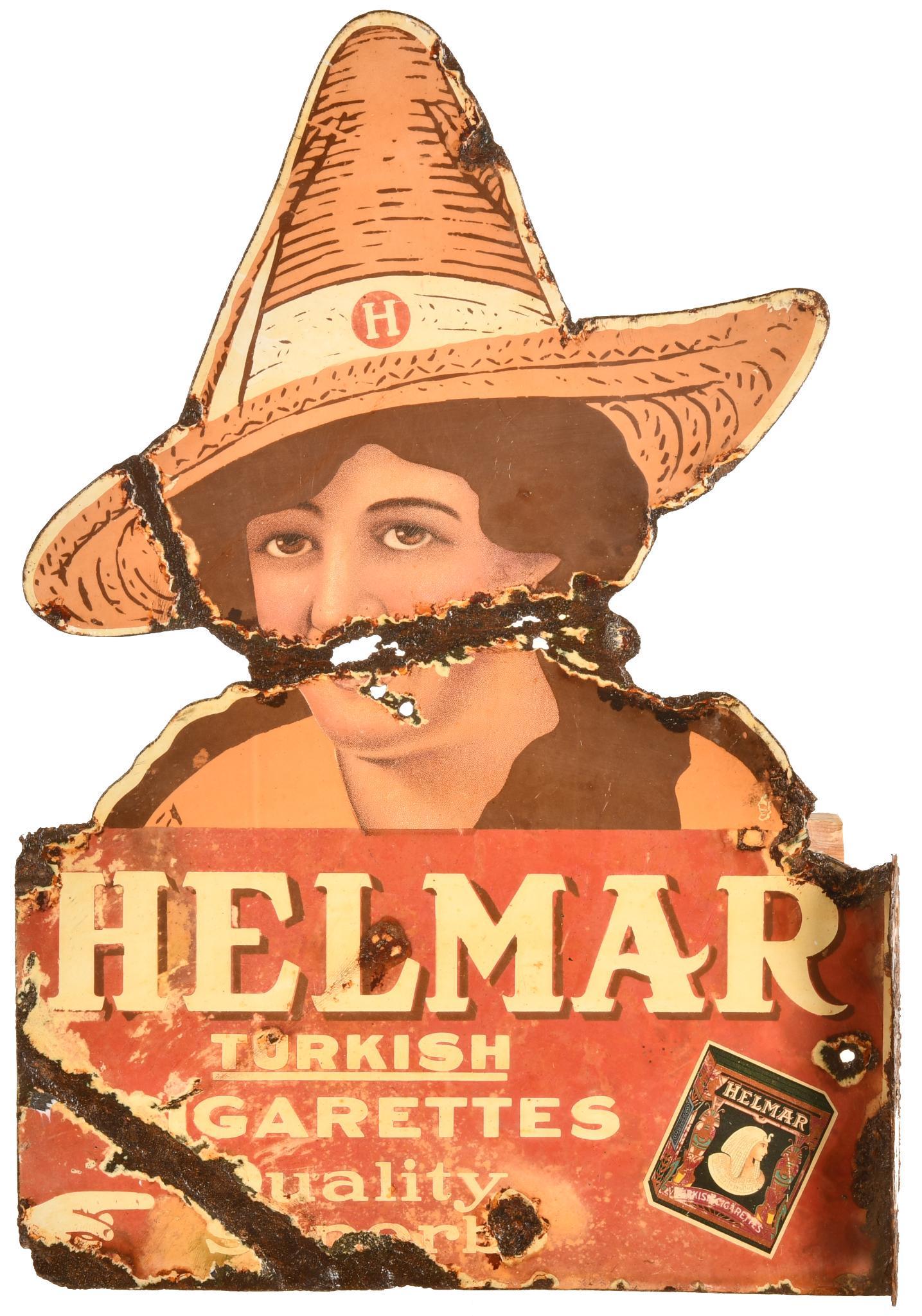 Helmar Cigarettes Die Cut Flange Sign: DSPF, has average to fair color and gloss, shows wear, discoloration, chipping, and metal damage throughout, one side has been cleared, 23.25"x16.25", rated 6 & 5.5