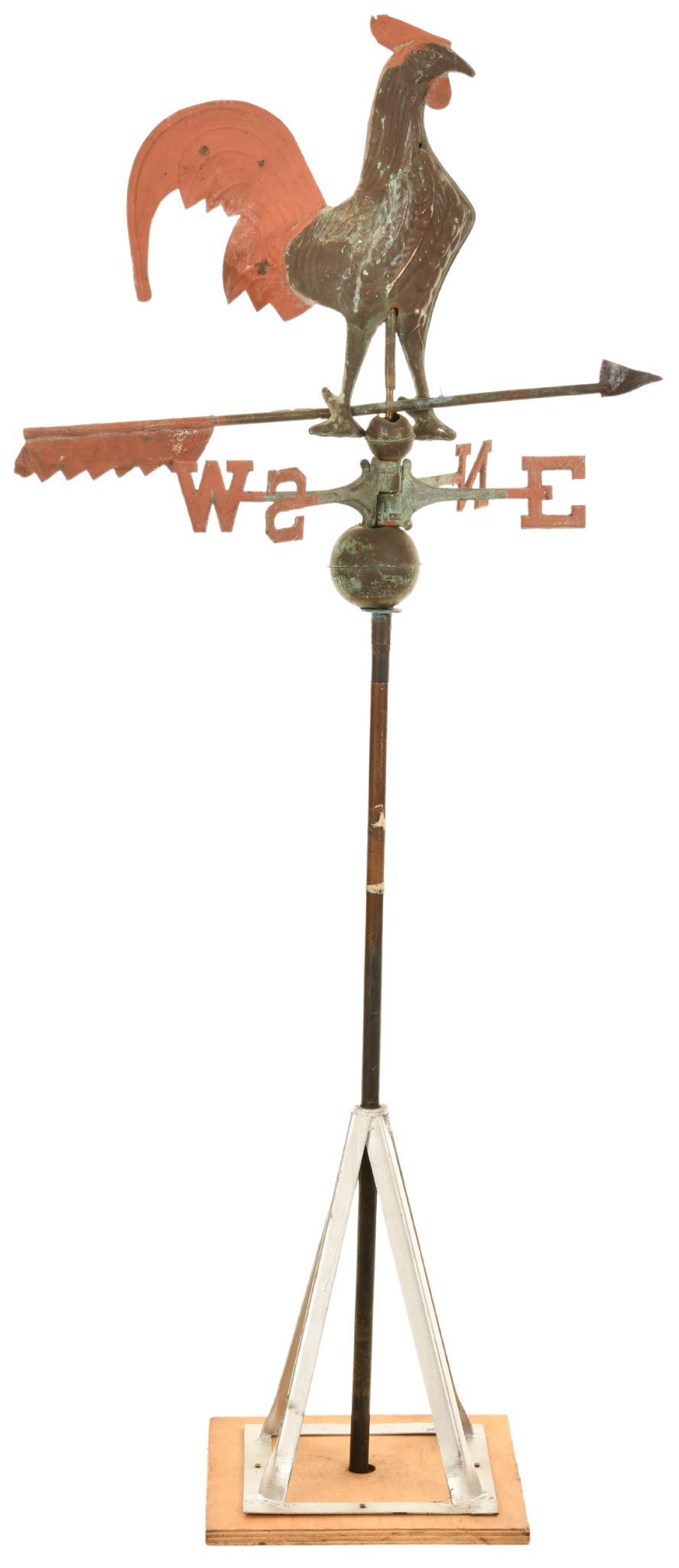 Rooster On Arrow Weathervane: Has a good look, shows wear, dents, metal damage, and splitting at the seams, some repaint, missing a piece of the fletching on the arrow, 67.5"x29", rated 7