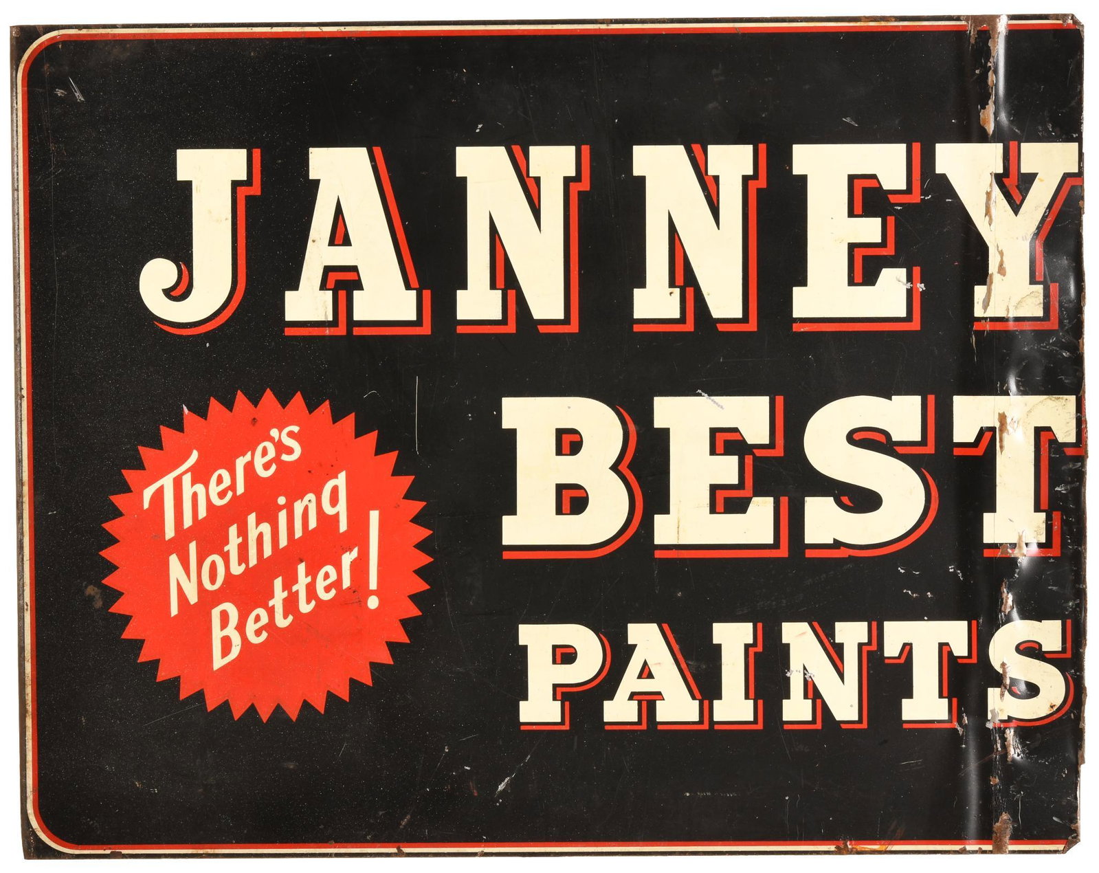 Janney Best Paints Flange Sign: DSTF, has average color and gloss, shows wear, discoloration, paint loss, and bends/dents, distal end from the flange has been trimmed, 19.75"x25.25", rated 7.5+