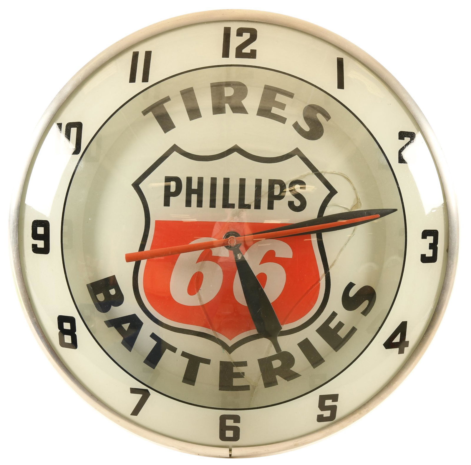 Phillips 66 Tires Batteries Double Bubble Clock: Lights up and appears to keep time, inner face is cracked and has been repaired, nice original case, 15", rated 7