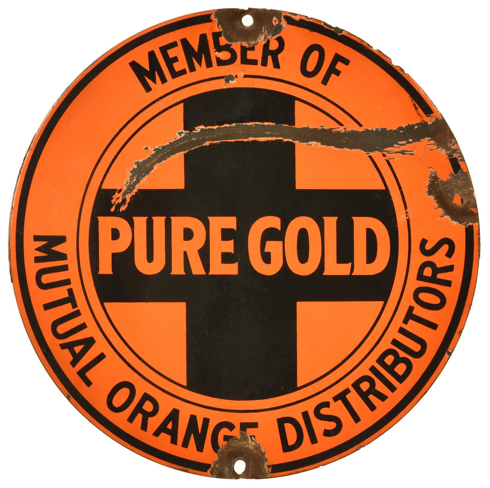 Pure Gold Orange Distributors Sign: SSP, above average color and gloss, shows wear, chipping, discoloration, metal damage, and bends/dents, 12", rated 7+