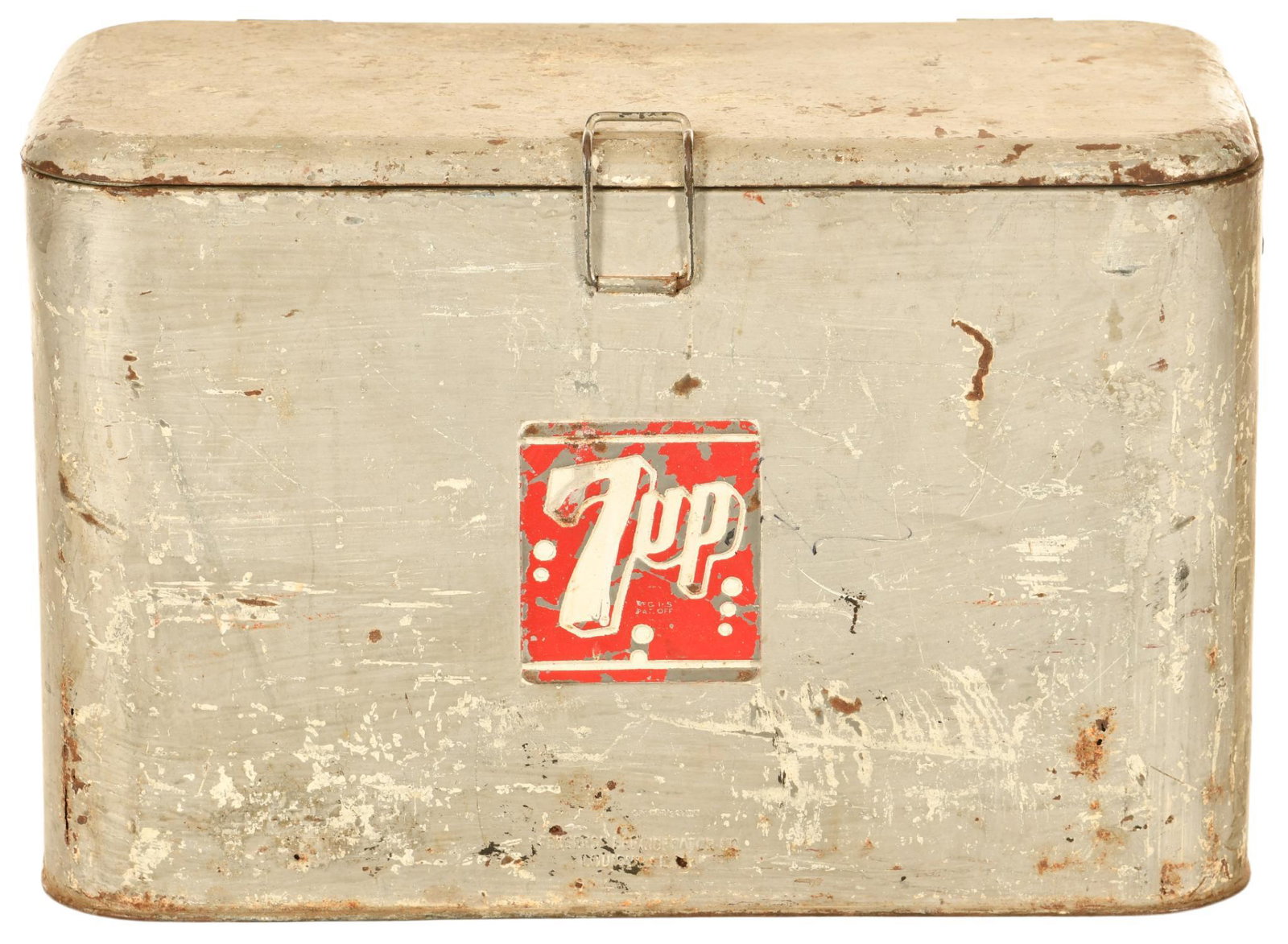 7 Up Picnic Cooler: Shows wear, discoloration, paint loss throughout, has some rust holes along the bottom, 12"x18", rated 7