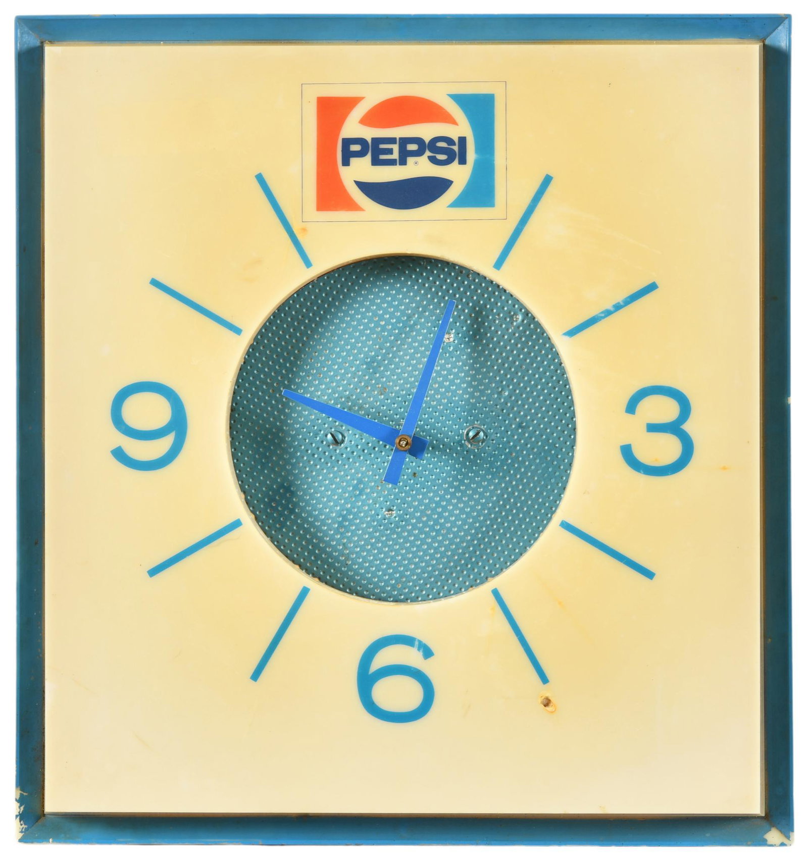 Pepsi Lighted Plastic Clock: Lights up and appears to keep time, shows wear, discoloration, and a few chips in the plastic, 16"x15", rated 7.5